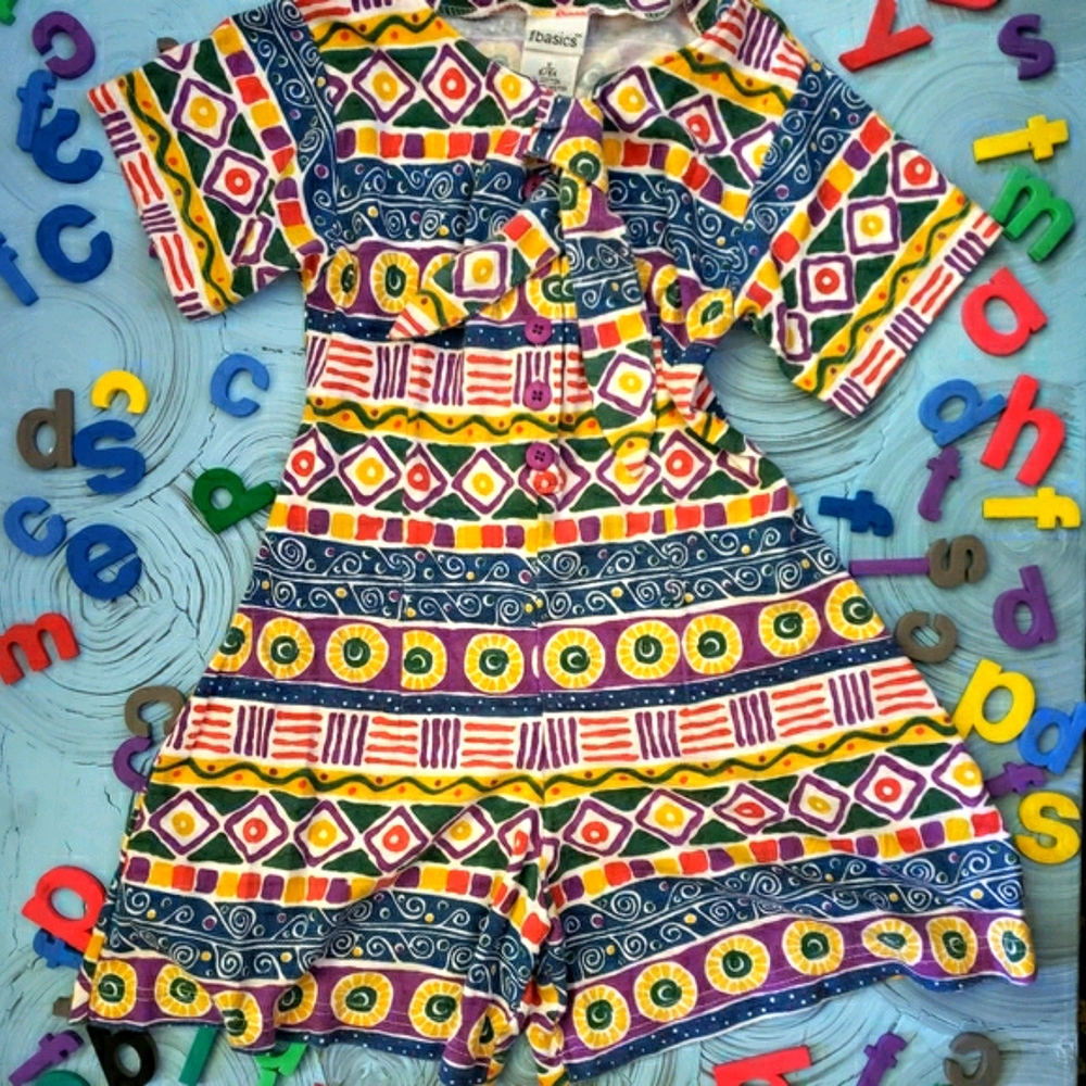 Vintage Wide Leg Summer Romper Cotton blend Skort One Piece 1980s 90s geometric